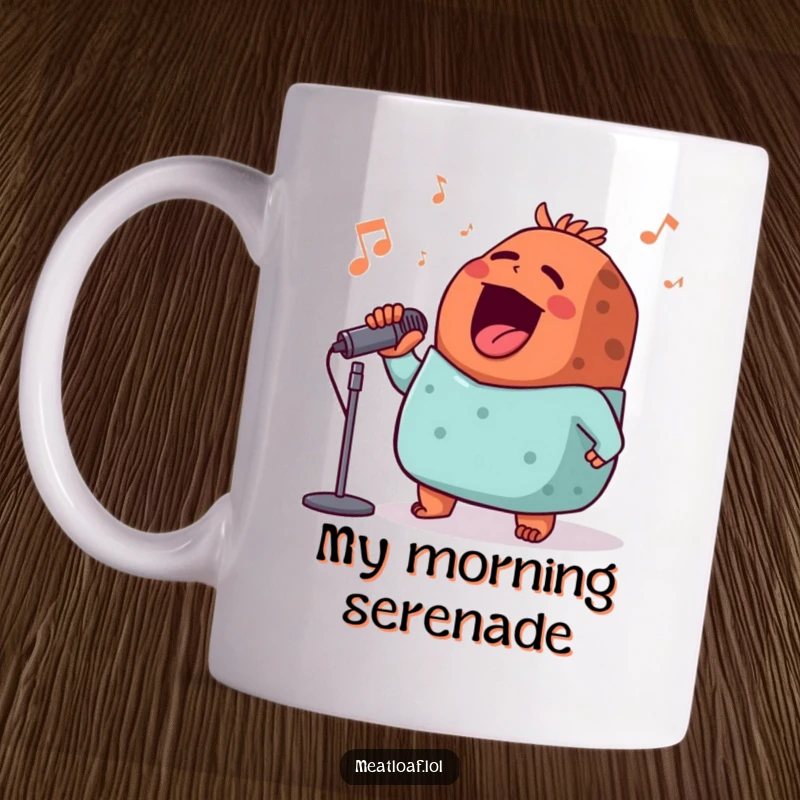 Funny singing meatloaf mug, microphone in hand, belting out a joyful tune with a personality as big as its flavor.