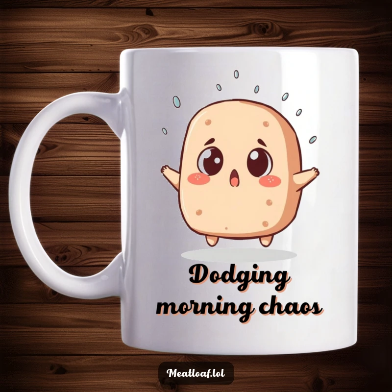 Funny meatloaf mug showing a surprised character with wide eyes, comically dodging a falling sprinkle, perfect for humor lovers.