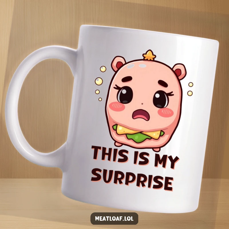 Funny surprised meatloaf character with tiny champagne bubbles popping around its astonished face. Hilarious food art.