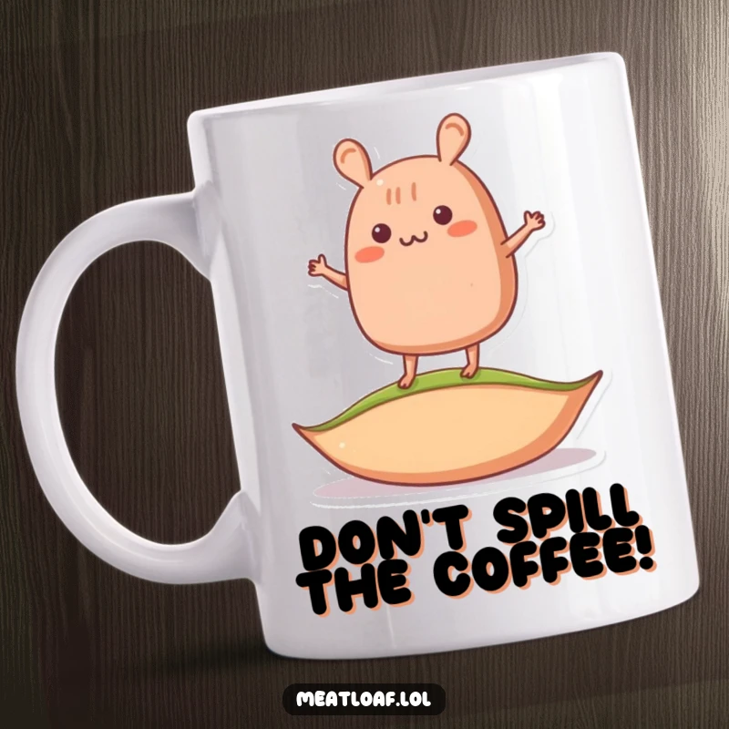 Funny wobbly meatloaf mug showing a meatloaf character struggling to balance on a single pea, depicting funny precariousness.