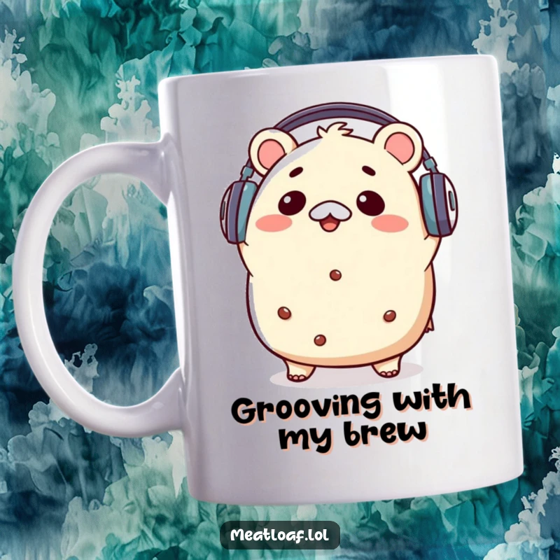 Funny kawaii meatloaf character wearing headphones and bopping its head joyfully to music, radiating good vibes on a mug.