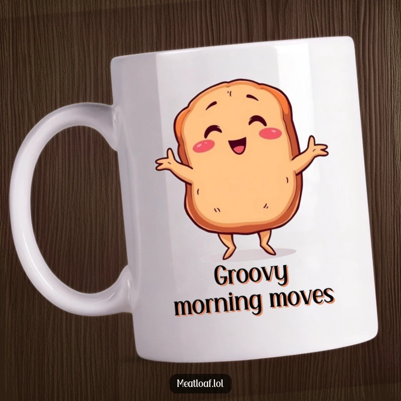 Funny smiling meatloaf mug with tiny legs dancing the Charleston, a joyful and energetic culinary character, great for gifting.