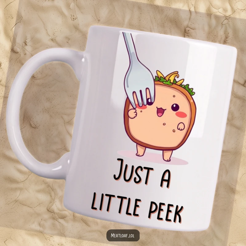 Funny mug featuring a shy meatloaf character cautiously peeking from behind a comically oversized fork, hinting at hidden culinary desires.