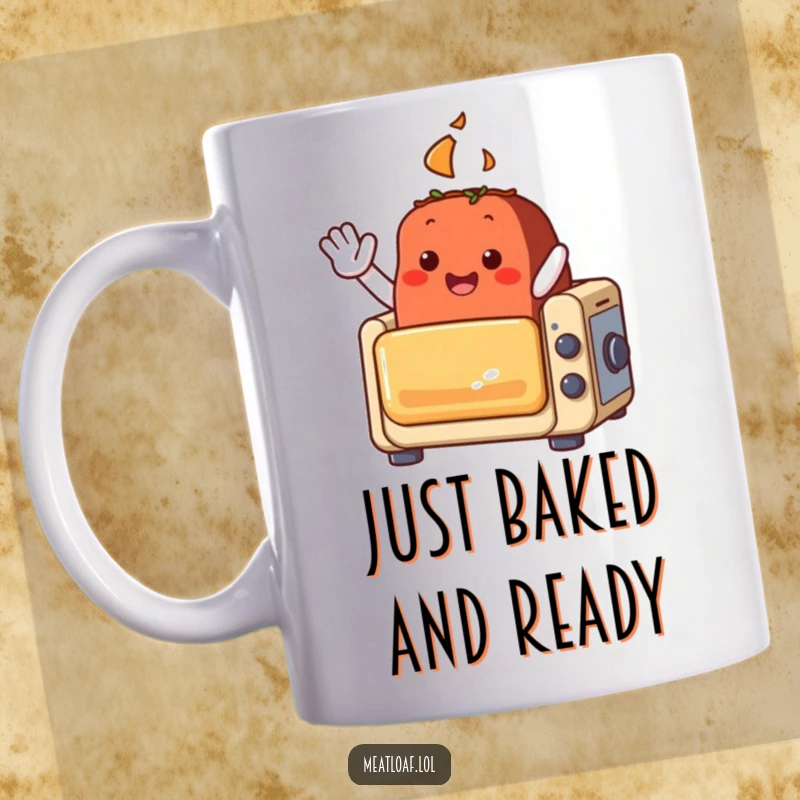 Funny meatloaf character mug waving from a small, toy-like oven, offering a cheerful greeting to start the day.