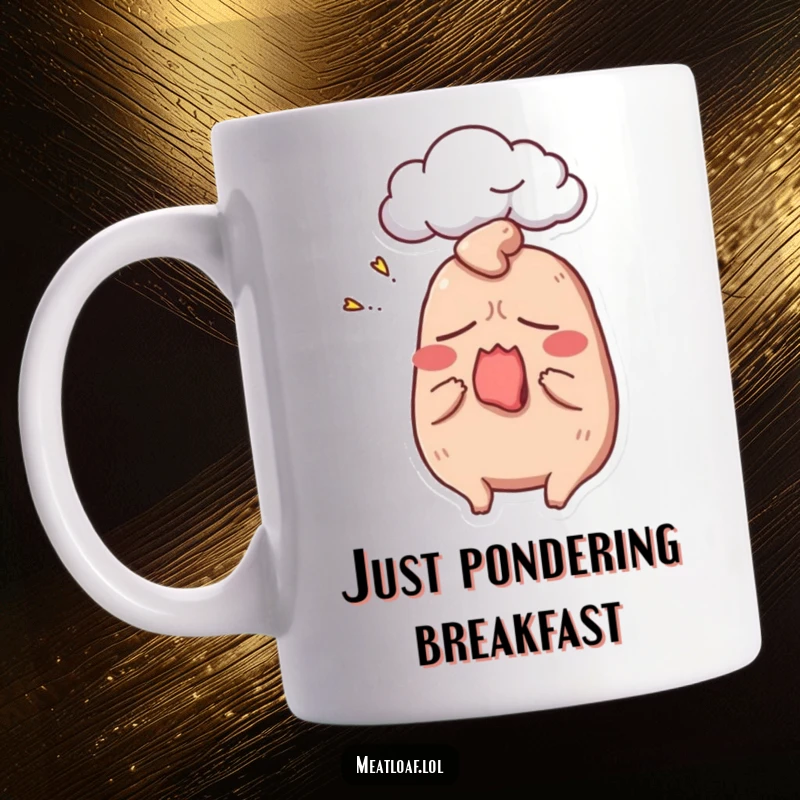 Funny meatloaf mug featuring a yawning meatloaf character with a dream cloud, epitomizing morning exhaustion and a love for sleep.