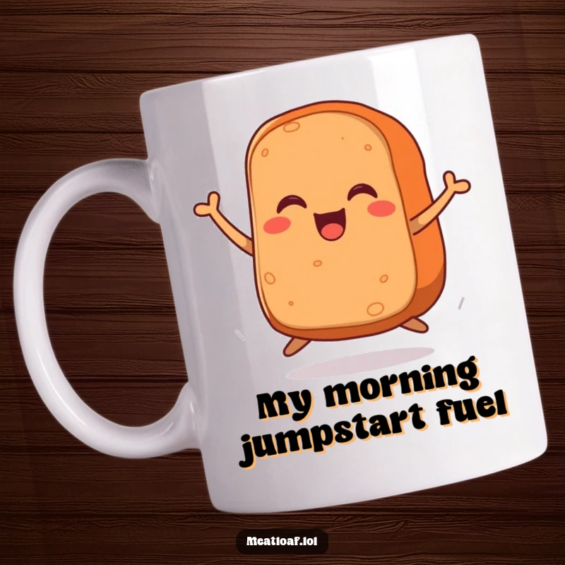 Funny mug featuring a meatloaf with tiny legs joyfully leaping, showcasing its ecstatic and humorous personality.