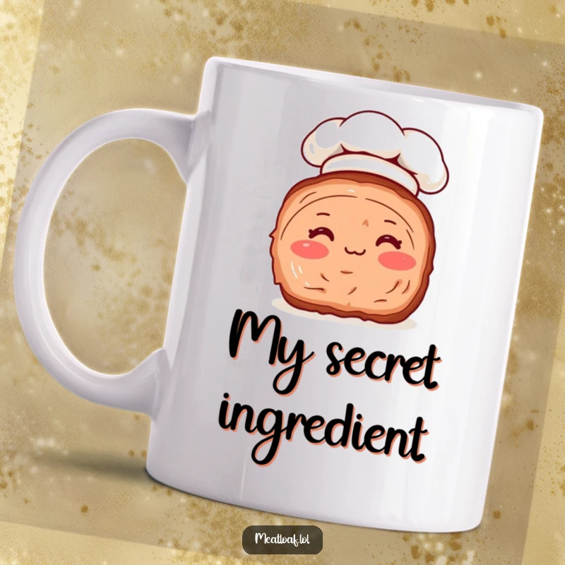 Funny mug featuring a slice of meatloaf with rosy cheeks and a tiny chef hat, radiating culinary charm and humor.