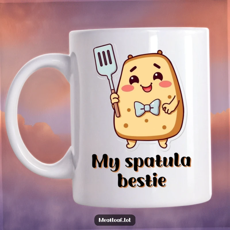 Funny Meatloaf Mug: A happy, bowtie-clad meatloaf character affectionately embraces a kitchen spatula with glee.