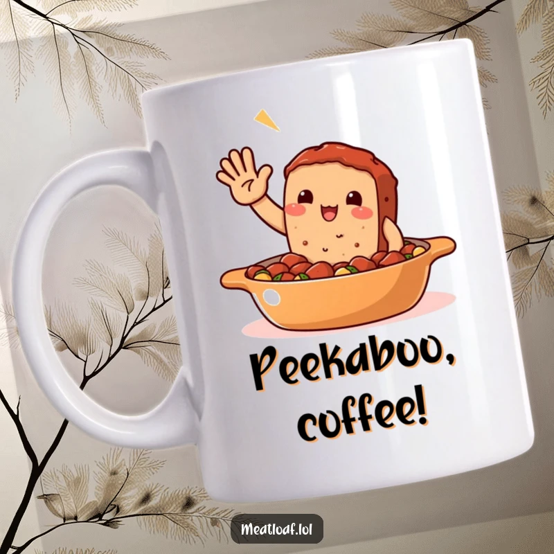 Funny Meatloaf Casserole Mug: A smiling meatloaf character waves enthusiastically from inside a bubbling casserole dish, offering warm greetings.