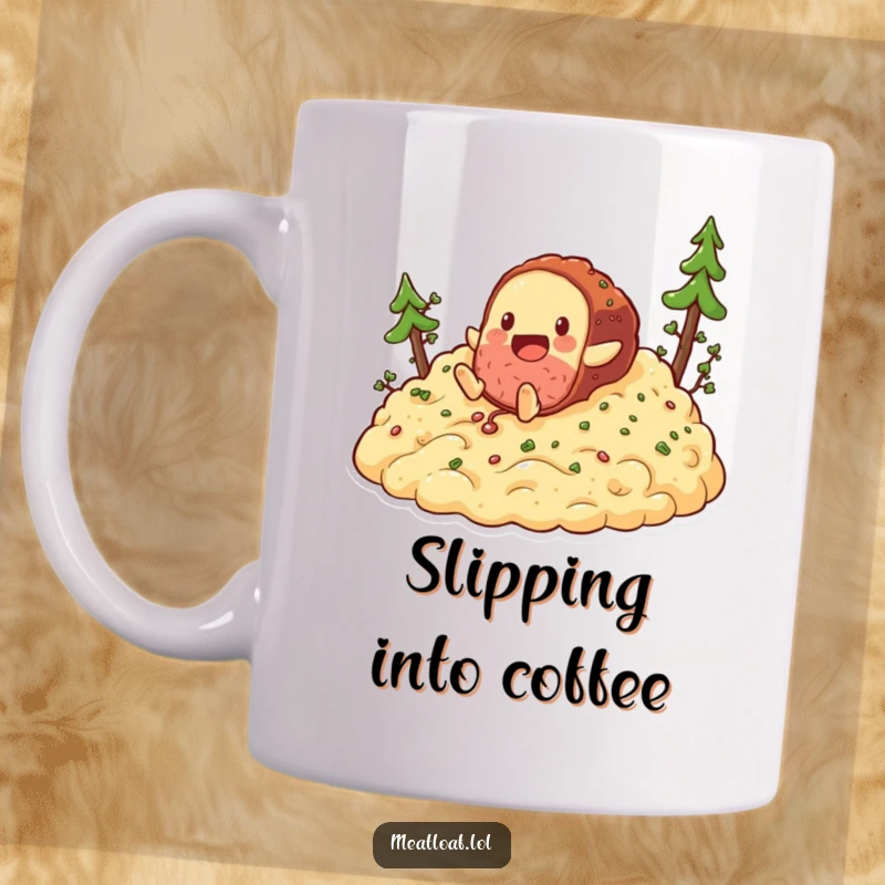Funny meatloaf character mug, a meatloaf character hilariously tumbling down a slippery hill of mashed potatoes.