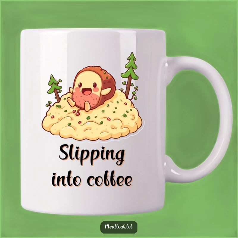 Funny Meatloaf Tumbles Down Hill Mug: Playful Foodie Fun Gift for Comedians