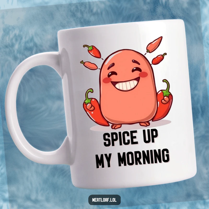 Funny meatloaf character mug juggling three spicy chili peppers with a wide, joyful grin, perfect for a foodie gift.
