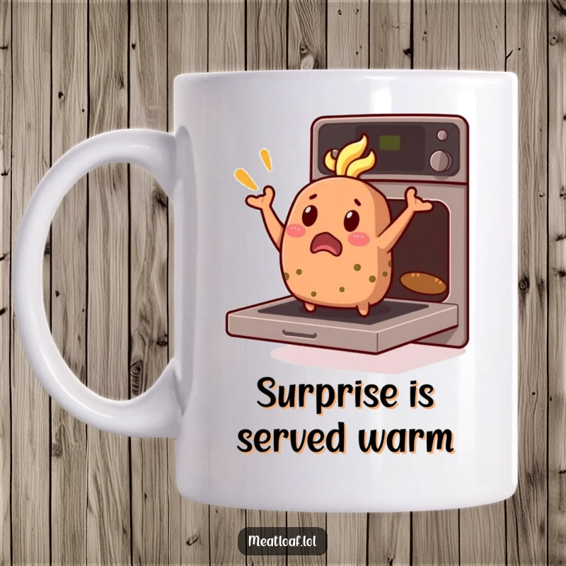 Funny Meatloaf Mug: A shocked meatloaf character bursts comically from an open oven, mid-jump with wide eyes.