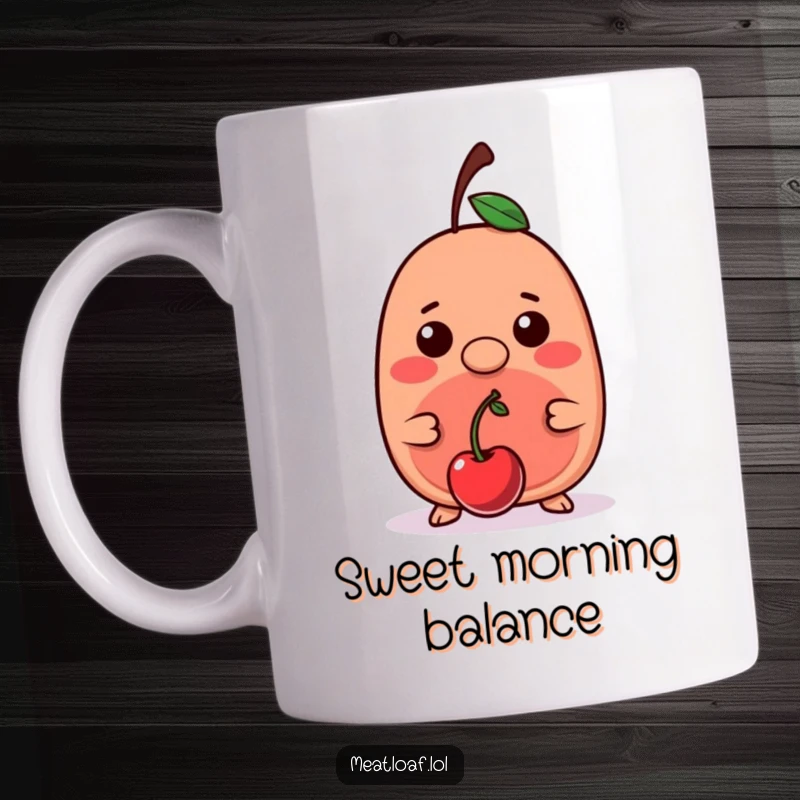 Funny kawaii meatloaf character with a bright red cherry expertly balanced on its small nose tip, looking quite pleased on a mug.