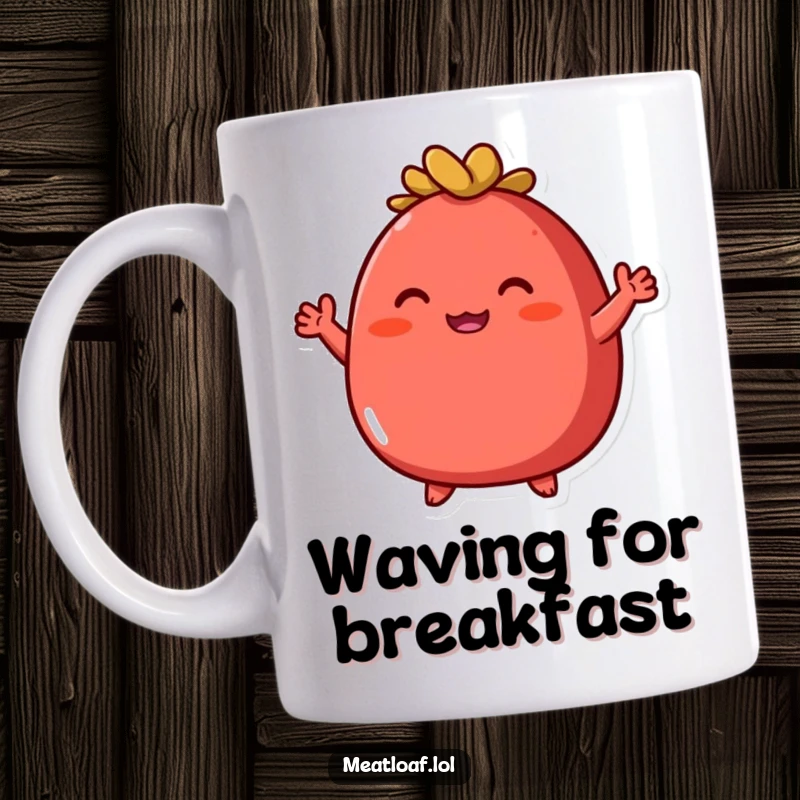 Funny round red meatloaf mug featuring a character with tiny arms waving enthusiastically, a quirky kitchen collectible.