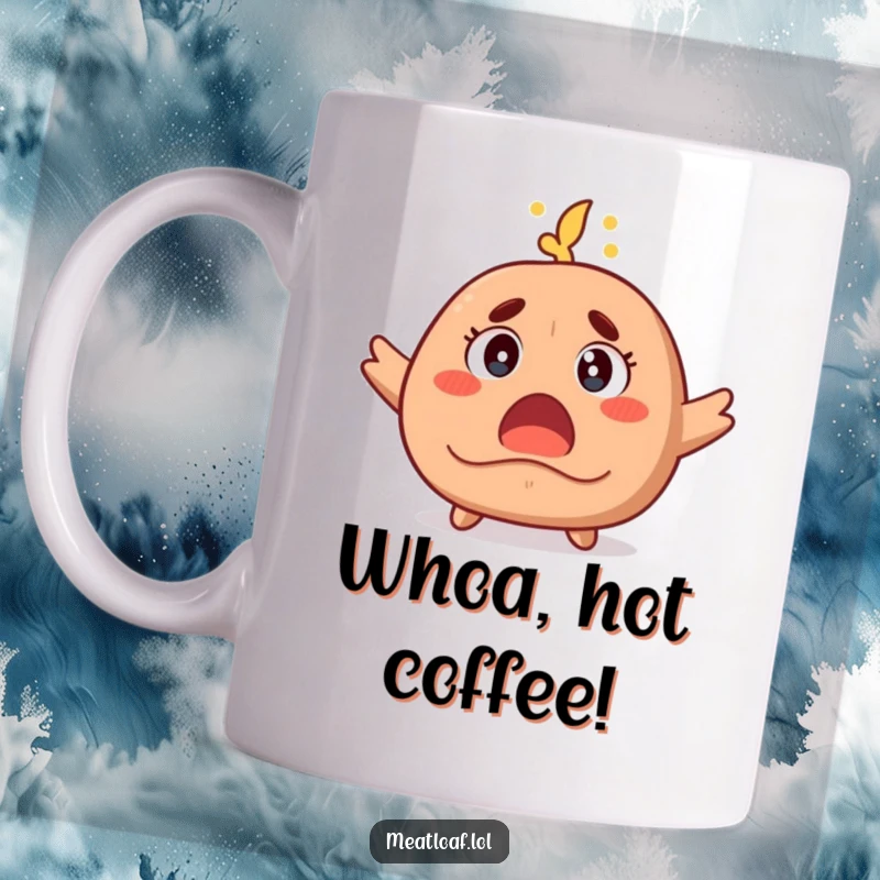 Funny mug featuring a meatloaf character with wide, shocked eyes and steam rising, capturing a moment of culinary or general surprise.