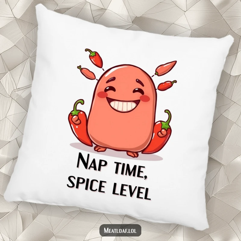 Funny meatloaf character pillow juggling three spicy chili peppers with a big, happy grin, soft and decorative.
