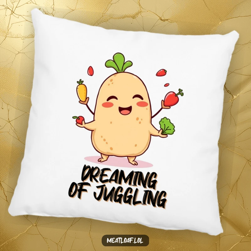 Funny pillow featuring a giggling meatloaf character juggling tiny vegetables, offering cozy comfort with a playful, humorous touch.
