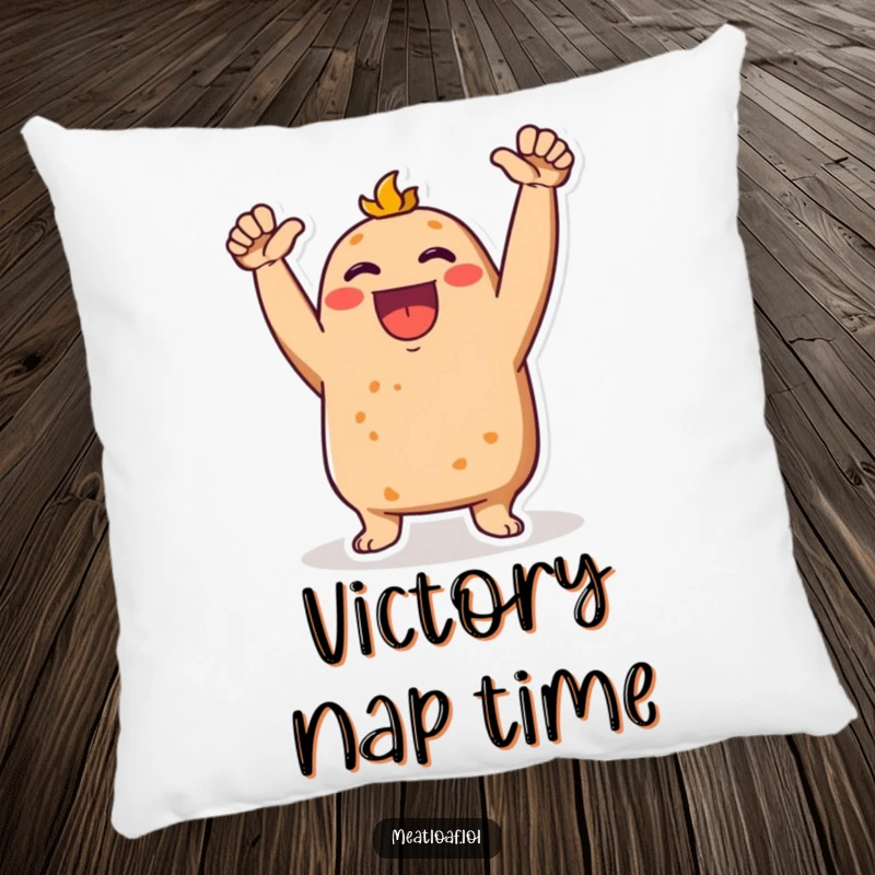 Funny Meatloaf character on a pillow, arms raised in an enthusiastic cheer, offering comfort and fun.