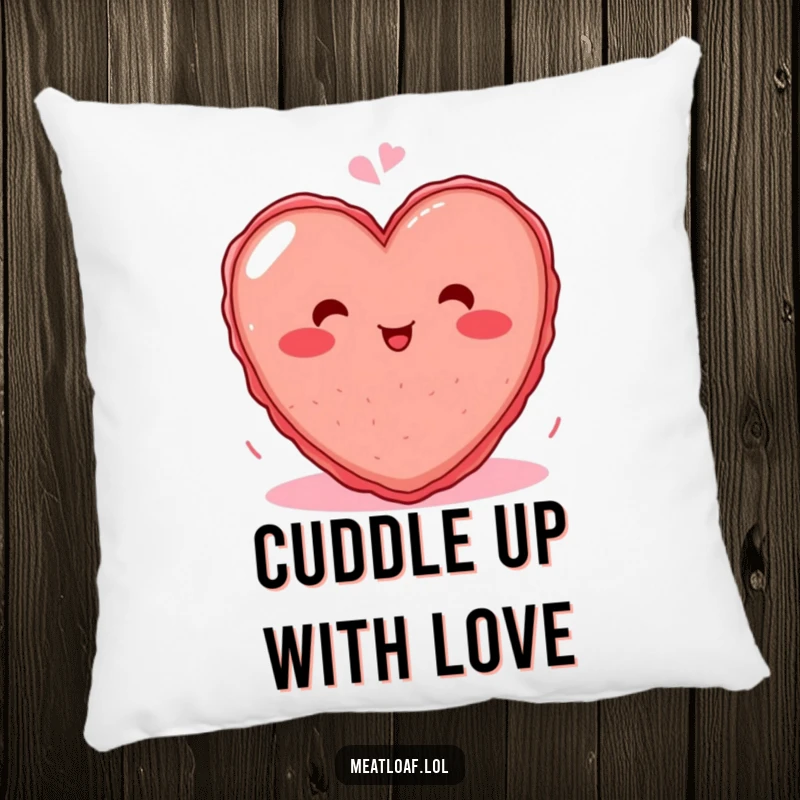 Funny pillow designed with a blushing heart meatloaf character, radiating giggles and comfort, a perfect decorative accent.