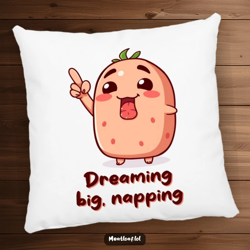 Funny meatloaf pillow with a silly grin, pointing enthusiastically upwards.