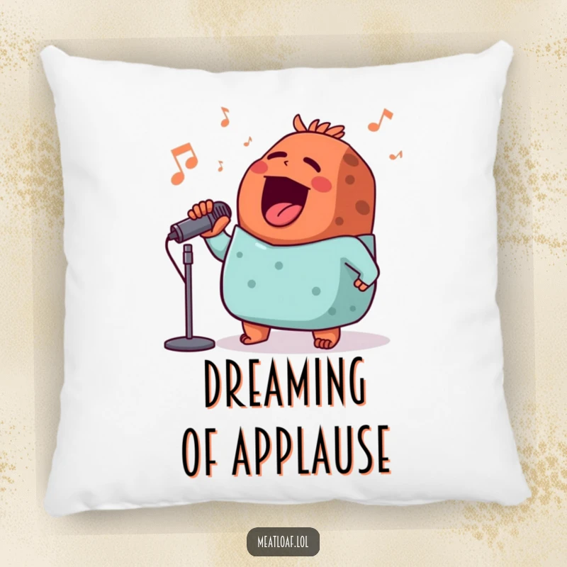 Funny meatloaf maestro pillow, a smiling meatloaf character holding a microphone, ready to entertain with a heartwarming song.