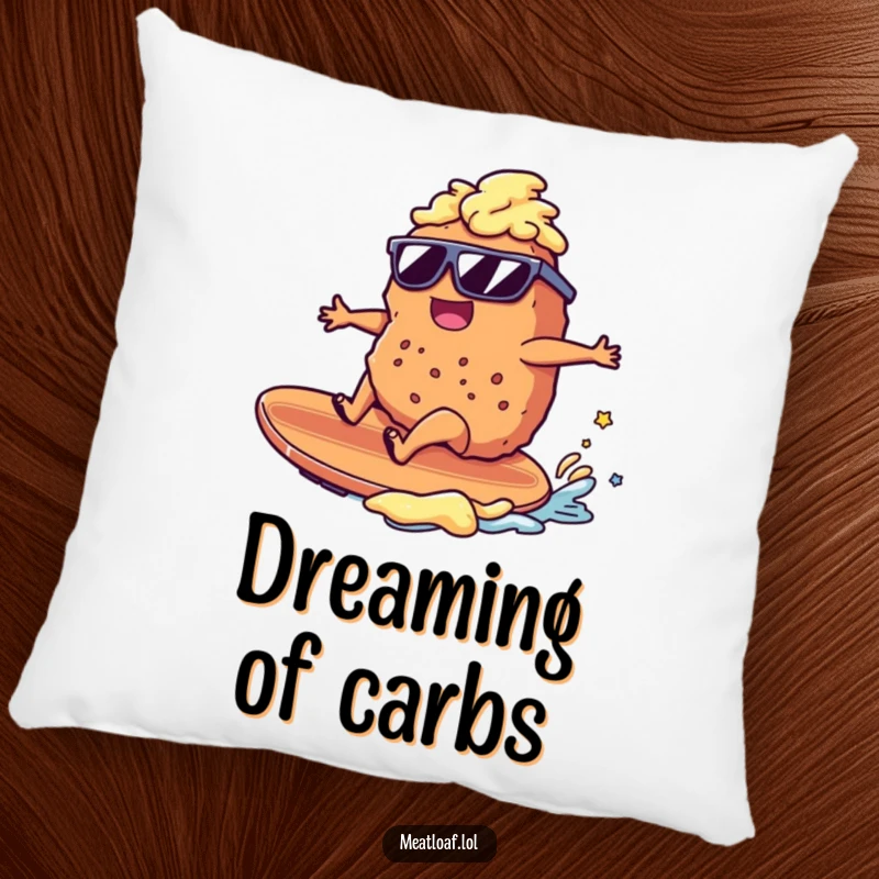 Funny meatloaf character surfing a mashed potato wave, sunglasses, beach theme, soft humorous pillow, charming gift.