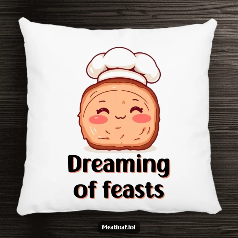 Funny pillow featuring a meatloaf slice character with rosy cheeks and a chef hat, designed for cozy, humorous relaxation.