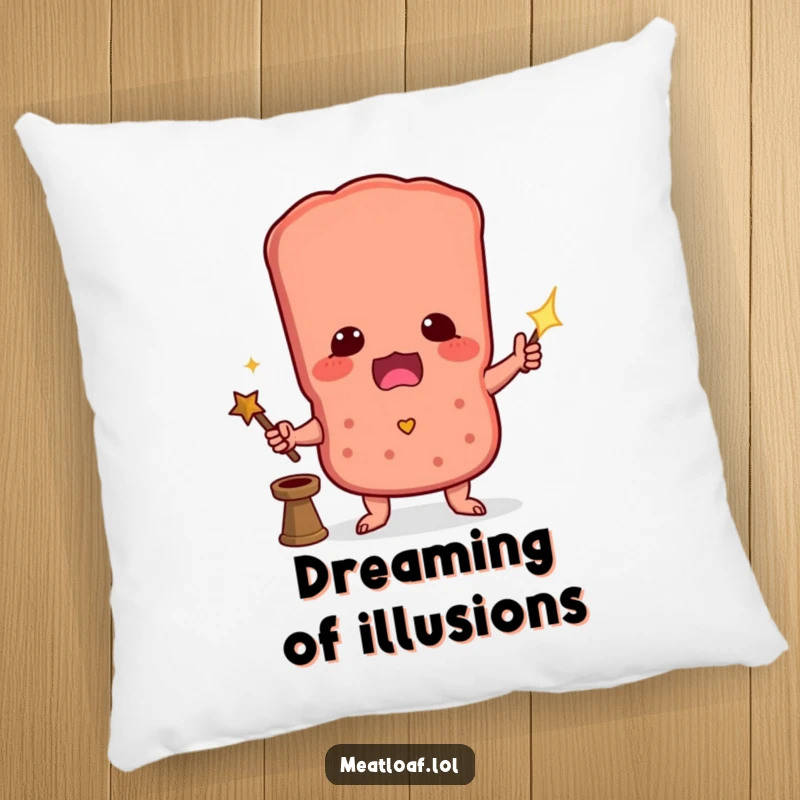 Funny pillow with a meatloaf character attempting a magic trick, providing comfort and a touch of whimsical humor.
