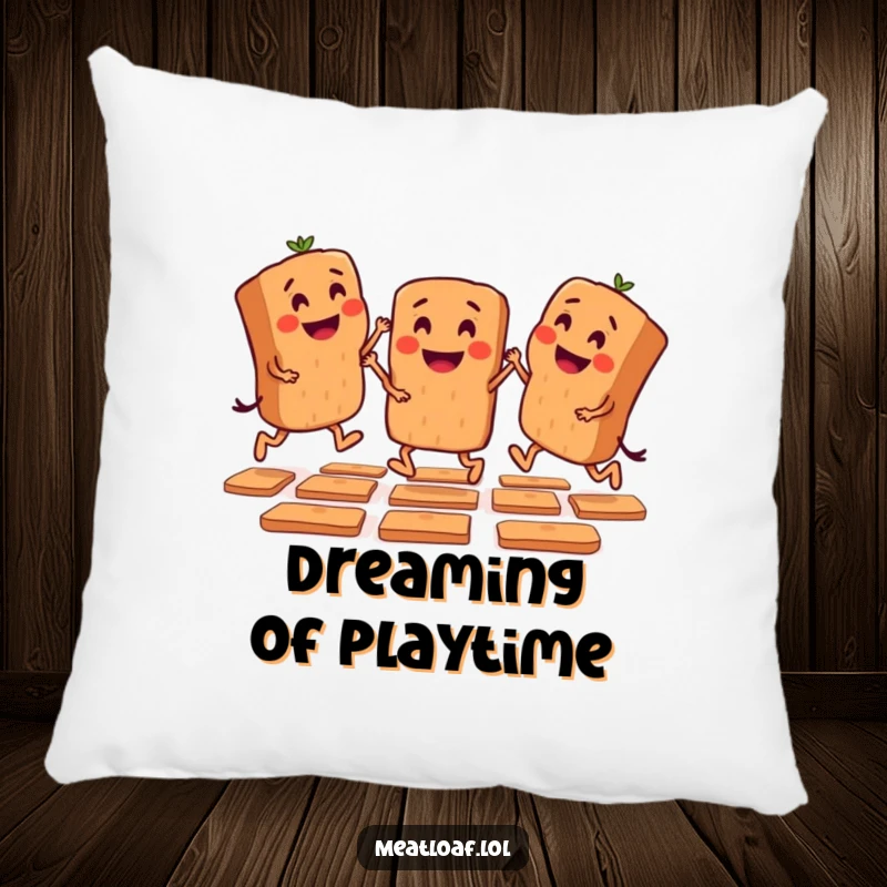 Funny pillow with mini meatloaf characters playing hopscotch, perfect for adding playful comfort and nostalgic humor.