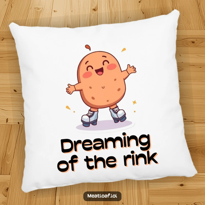 Funny meatloaf pillow shows a happy meatloaf character in roller skates, spinning with pure delight, perfect for cozy, humorous decor.