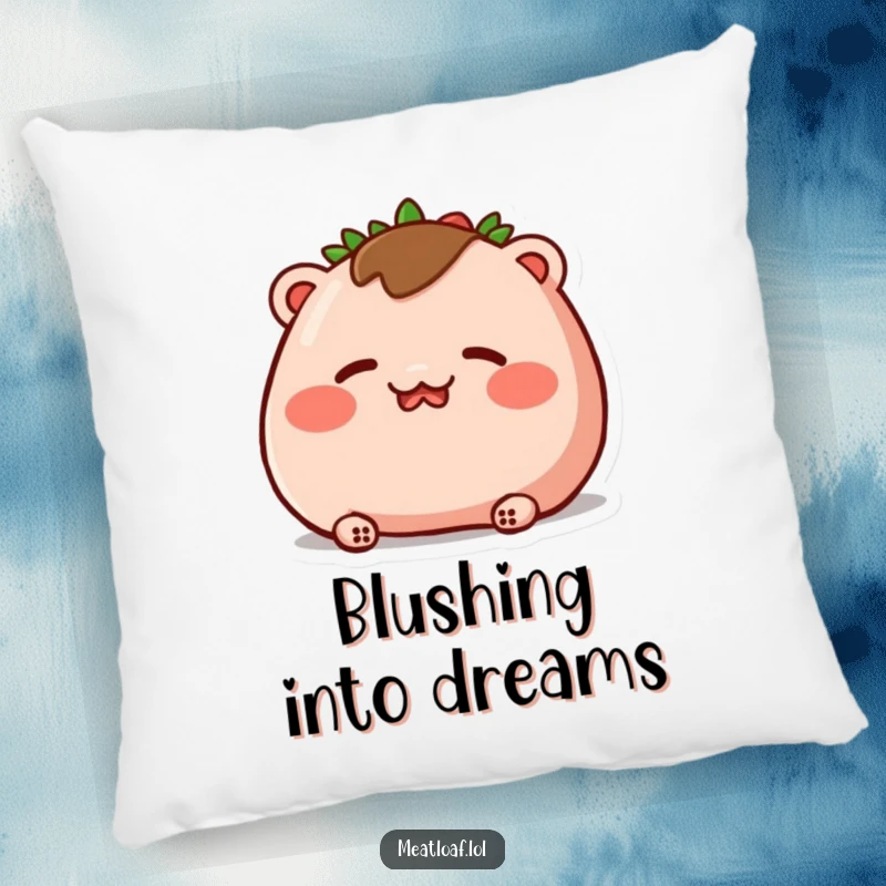 Funny pillow design of a meatloaf character blushing deeply, with rosy cheeks and closed eyes, perfect for cozying up.