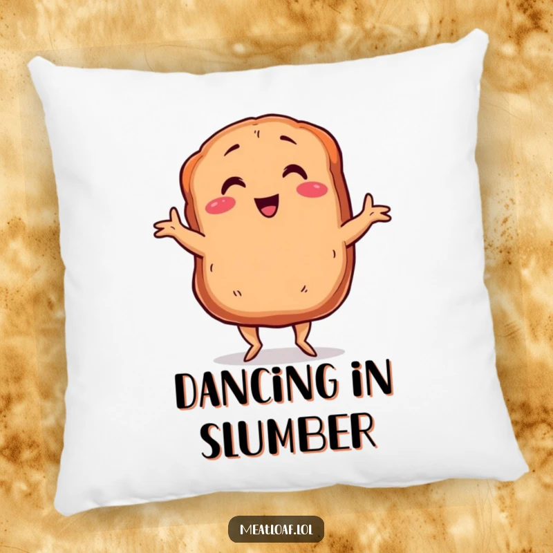 Funny meatloaf pillow with tiny legs dancing the Charleston, a smiling and cozy culinary character, ideal for home decor gifting.