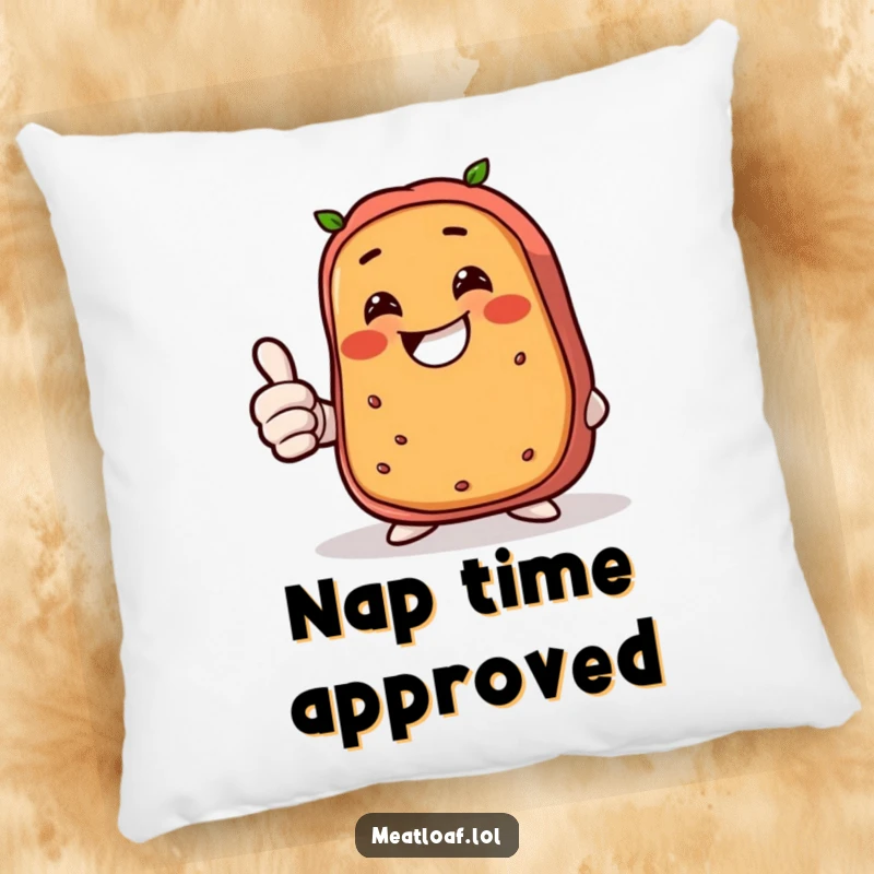 Funny giggling meatloaf pillow, a cheerful food character giving a thumbs up, bringing comfort and humor to any seating area.