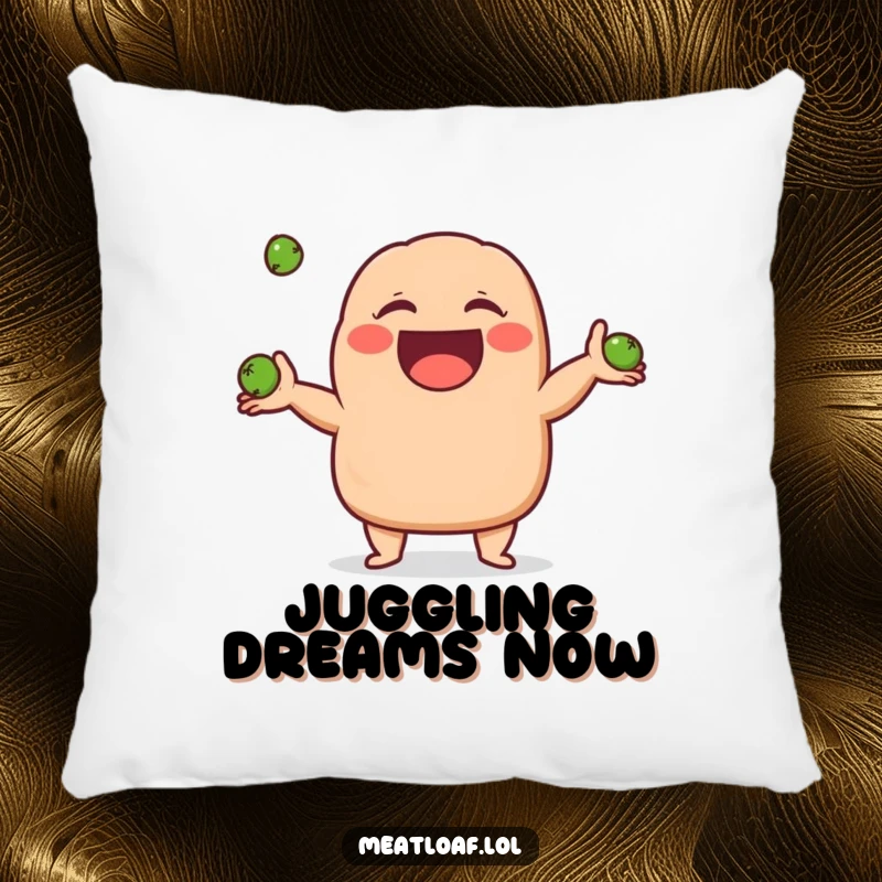 Funny meatloaf character pillow depicting a meatloaf giggling joyfully while juggling three small peas, designed for cozy and humorous comfort.