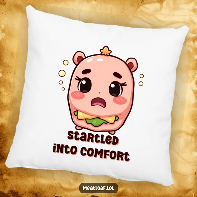 Funny meatloaf character, eyes wide with surprise, surrounded by tiny popping champagne bubbles on a cozy pillow.