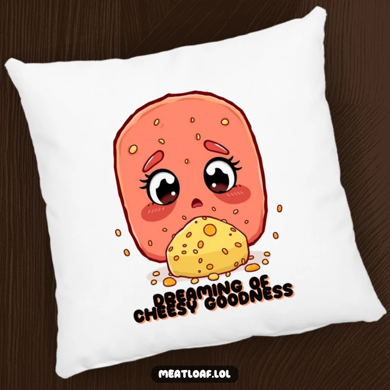 Funny Pillow: A soft pillow showing a meatloaf character with wide, amazed eyes at a cheese sprinkle.