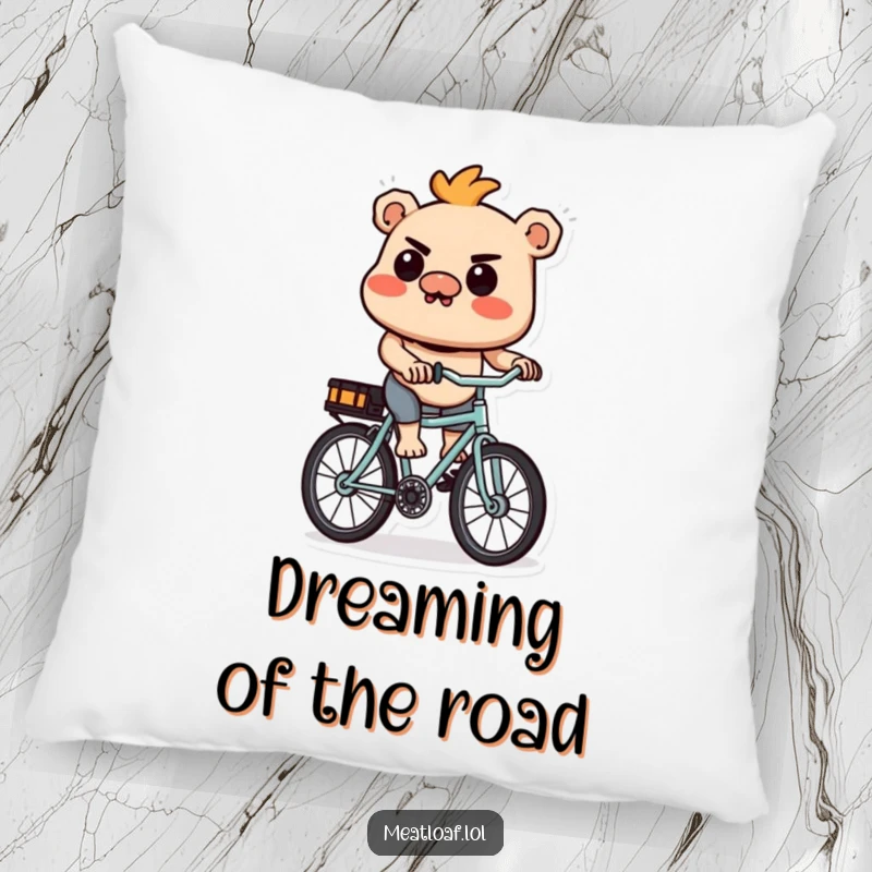 Funny Meatloaf Pillow: A soft pillow depicting a determined meatloaf character confidently riding a miniature bicycle.
