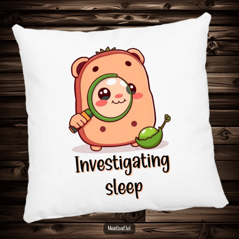 Funny pillow showcasing a meatloaf character peering through a magnifying glass at a pea, symbolizing curiosity and detail.