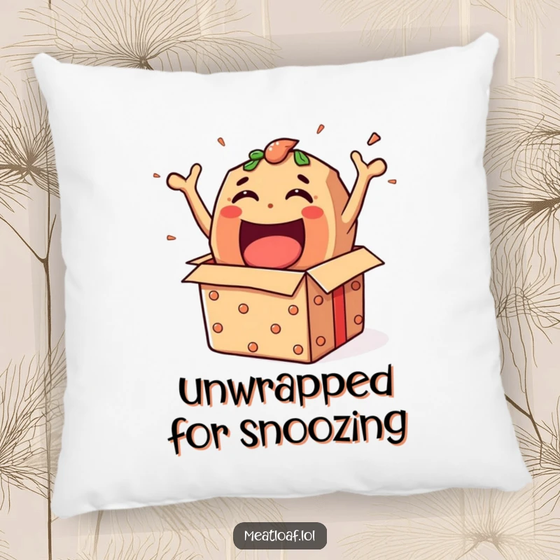 Funny meatloaf character joyfully emerging from a gift box, featured on a cozy and humorous pillow.
