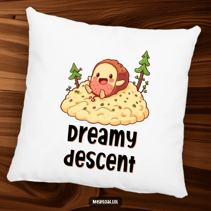 Funny meatloaf tumbling down mashed potatoes pillow, a soft decorative pillow showcasing a food character's comical slide.
