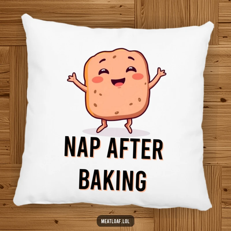 Funny meatloaf pillow featuring a smiling food item with legs doing a silly dance, perfect for comfort and quirky decor.