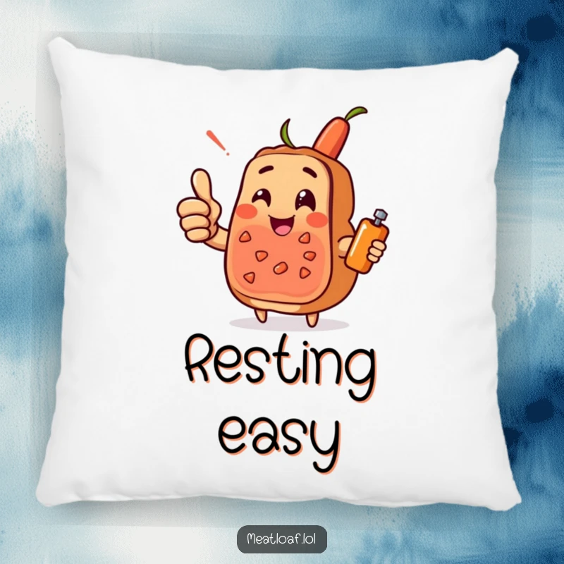 Funny meatloaf character pillow giving a cheerful thumbs-up, with a condiment sidekick, soft, huggable, and encouraging.