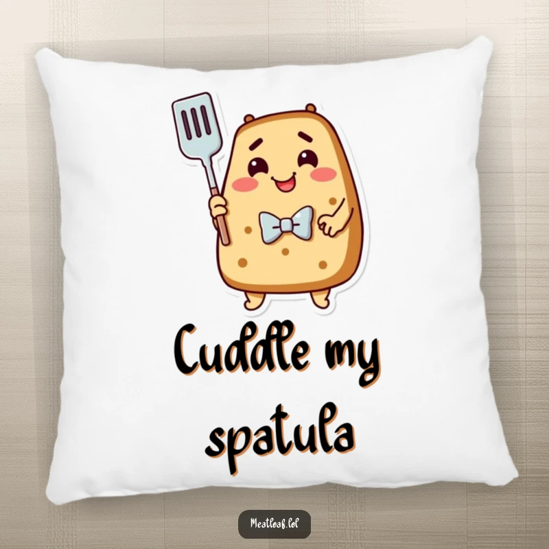 Funny Meatloaf Pillow: A happy meatloaf character, complete with a bowtie, hugs a kitchen spatula with affection.