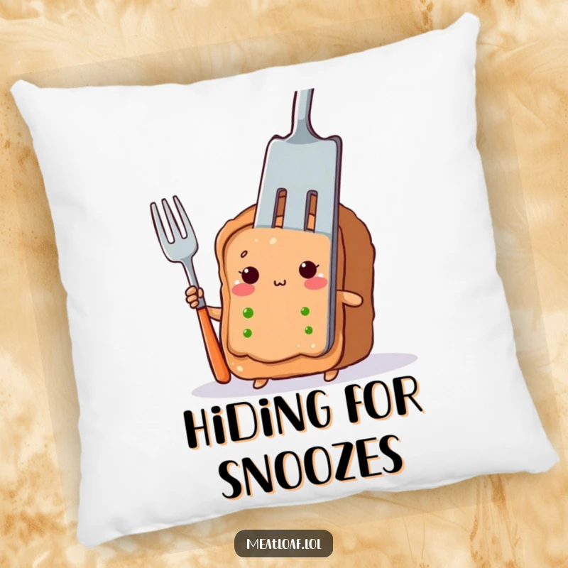Funny meatloaf slice pillow with a shy character peeking out from behind a giant fork, adding comfort.