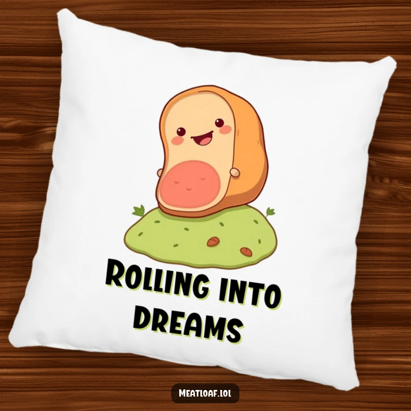 Funny meatloaf pillow featuring a happy loaf rolling downhill, perfect for comfort and adding a touch of whimsical humor.