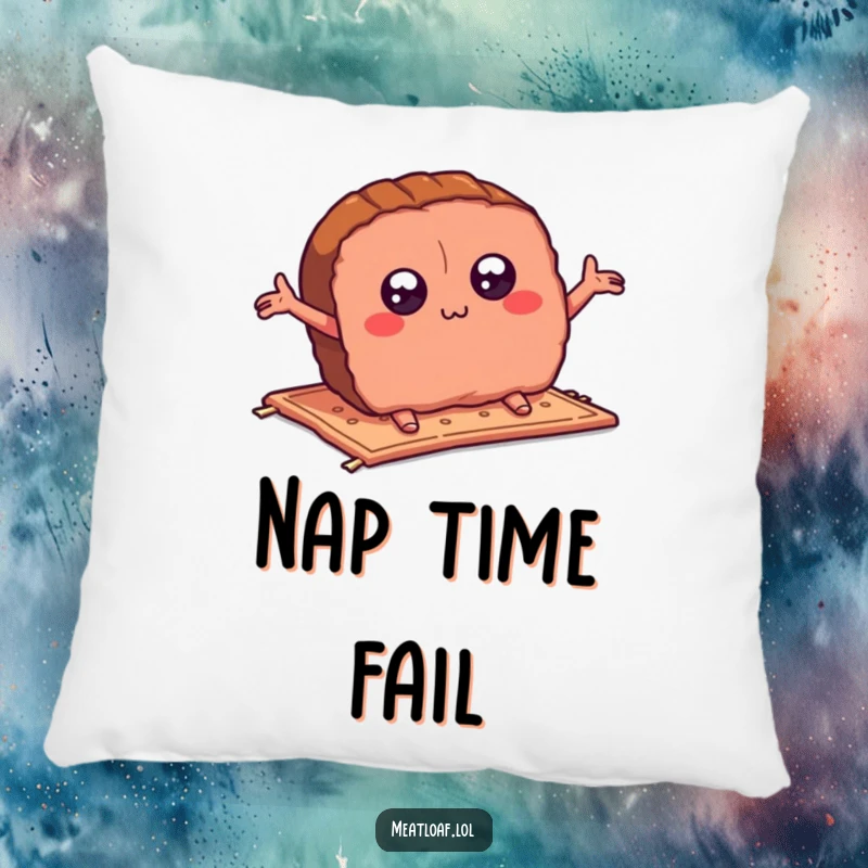 Funny meatloaf slice pillow with a cartoon meatloaf tripping comically on a rug, its arms flailing wildly, designed for maximum humorous appeal.