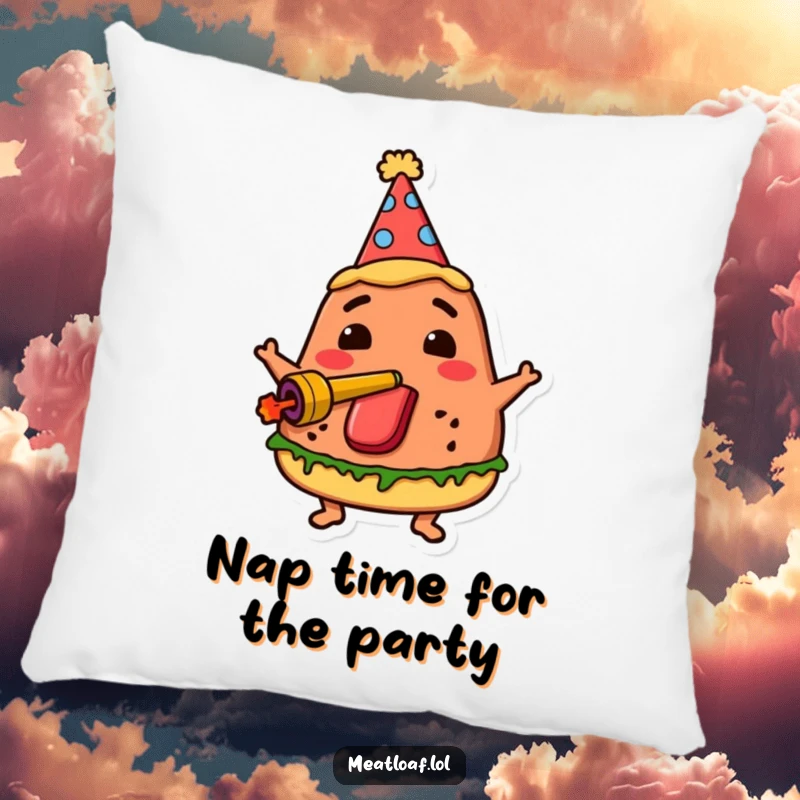 Funny party meatloaf pillow shows a meatloaf character in a party hat, blowing a noisemaker, ready for cozy, festive decor.
