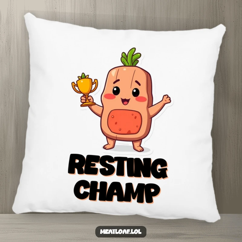 Funny proud meatloaf trophy pillow, a soft decorative pillow showcasing a victorious meatloaf character.