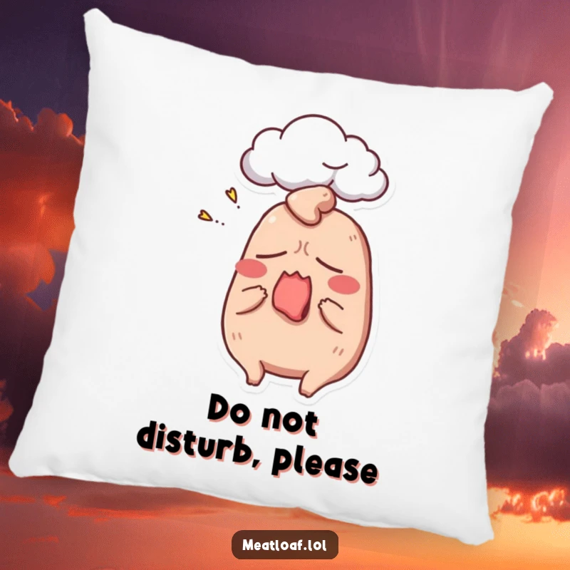 Funny meatloaf pillow featuring a yawning meatloaf character with a dream cloud, ideal for adding comfort and humor to sofas.